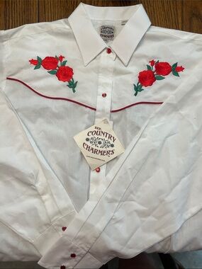 Men’s White Western Dress Shirt with Red Rose Embroidery NWT 2X